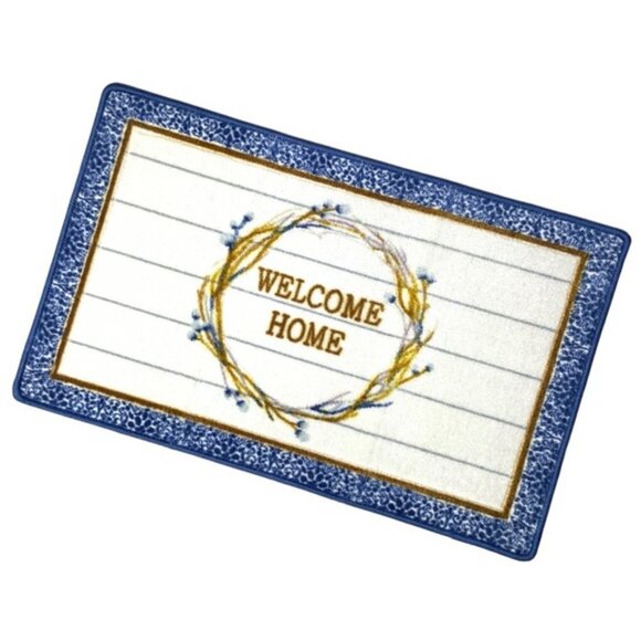 Modern Farmhouse Welcome Home Accent Matt Rug 20 x 32 Inch Blue White - Picture 1 of 14